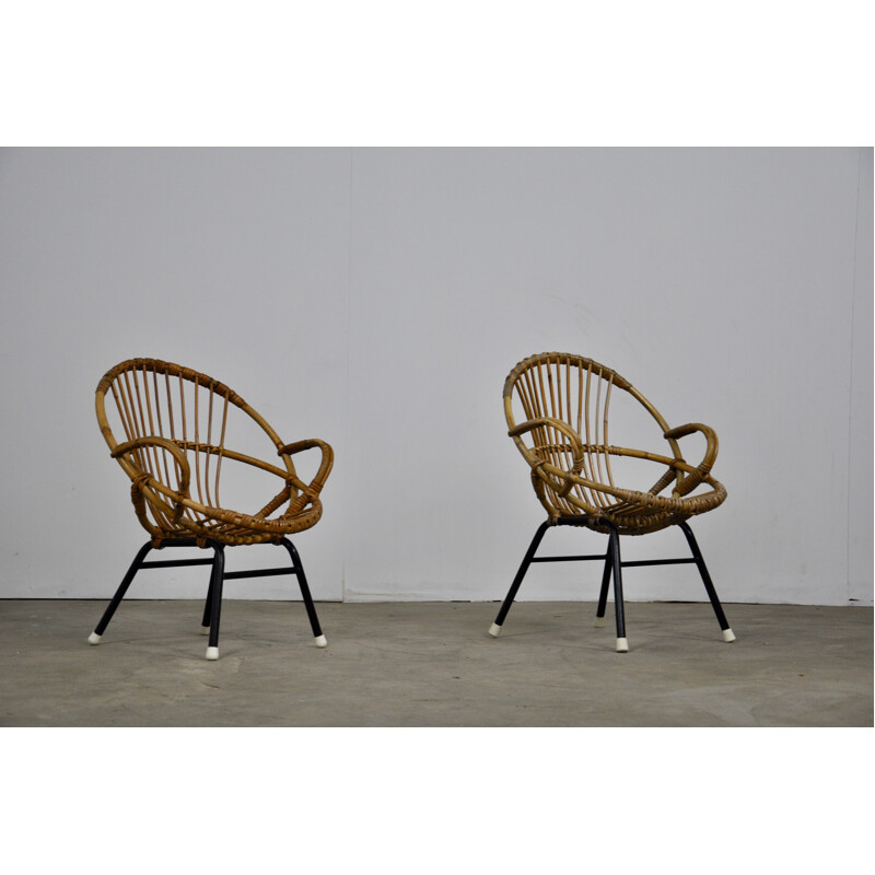 Pair of vintage armchairs for children in rattan by Rohe Noordwolde, 1960s