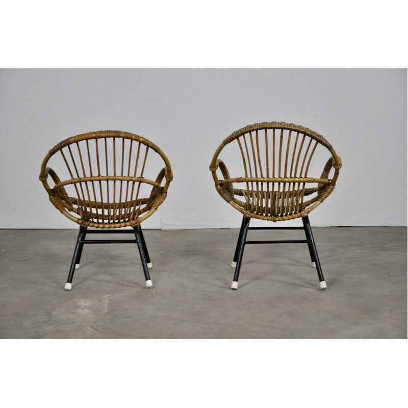 Pair of vintage armchairs for children in rattan by Rohe Noordwolde, 1960s