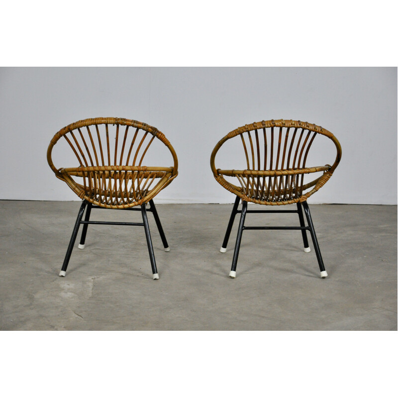 Pair of vintage armchairs for children in rattan by Rohe Noordwolde, 1960s