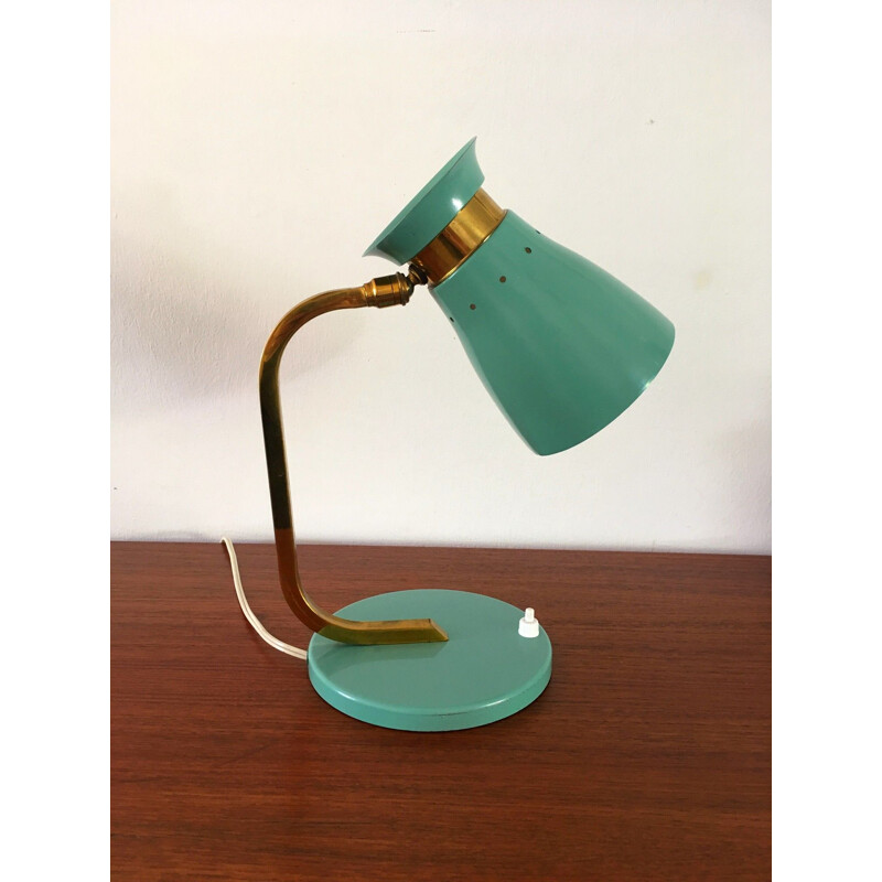 Vintage green lacquered metal and brass lamp,1950