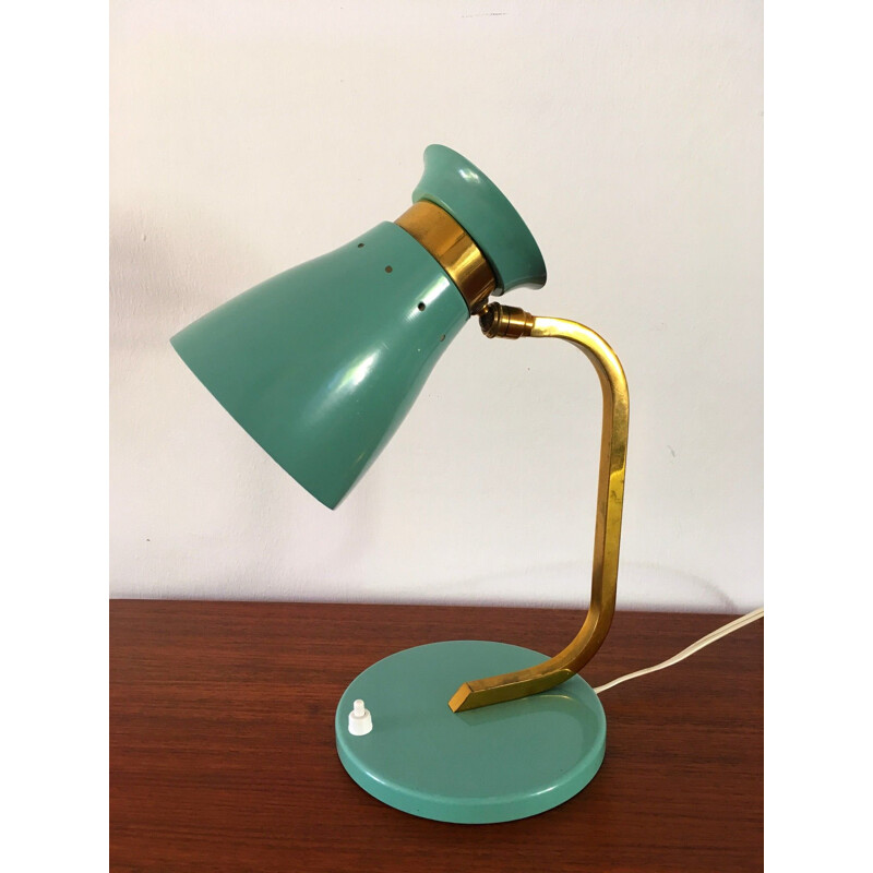 Lampe vintage en métal laqué vert et laiton des années 50