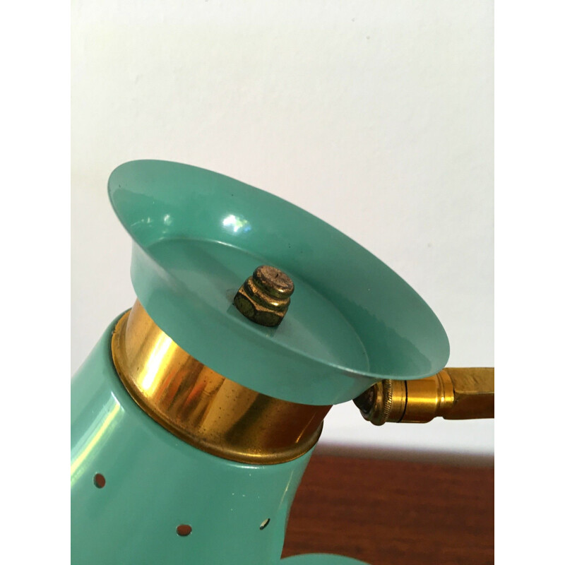 Vintage green lacquered metal and brass lamp,1950