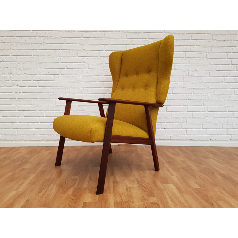 Vintage armchair and footstool in teak and wool Denmark 1970s