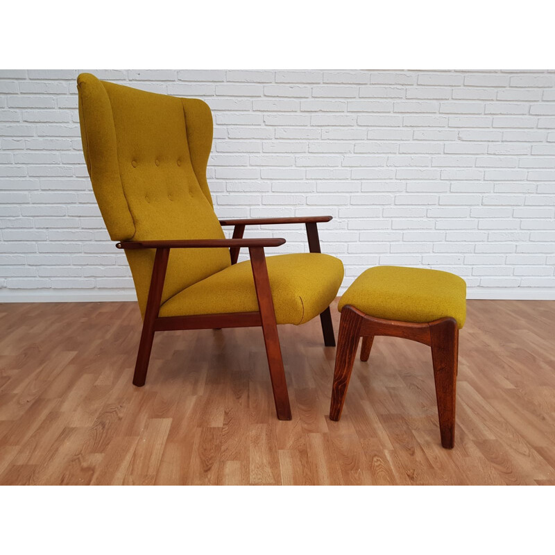 Vintage armchair and footstool in teak and wool Denmark 1970s