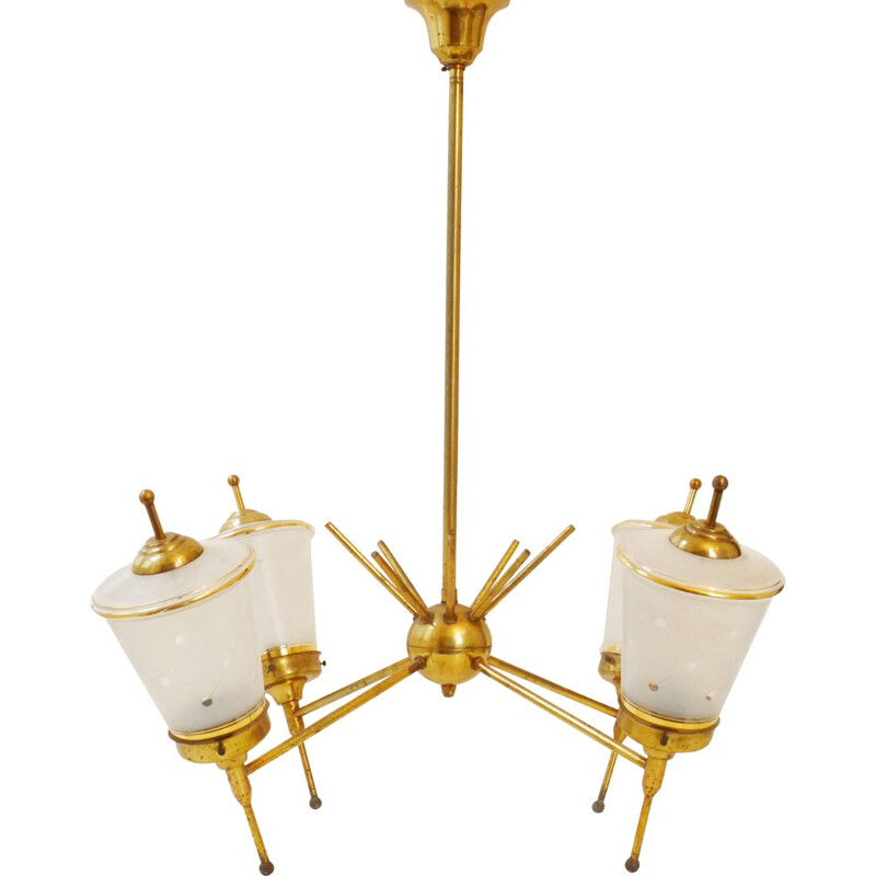 Vintage glass and gilt brass chandelier, 1950