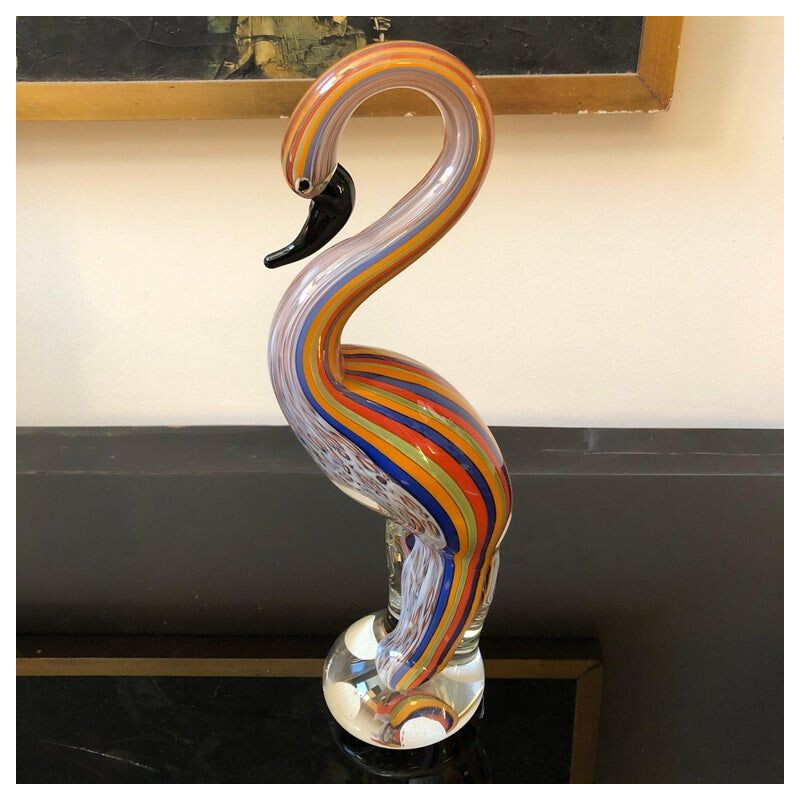 Vintage sculpture "Flamingo" in multicolored murano glass, Italy 1970