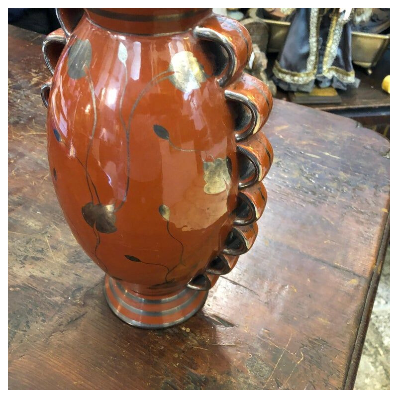 Vintage Art Deco Brown and Silver Ceramic Italian Vase,1930
