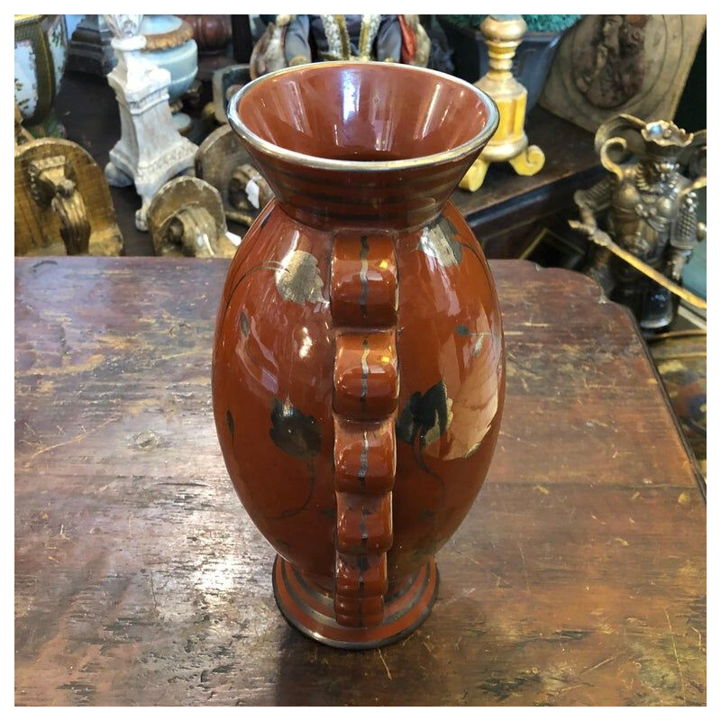 Vintage Art Deco Brown and Silver Ceramic Italian Vase,1930