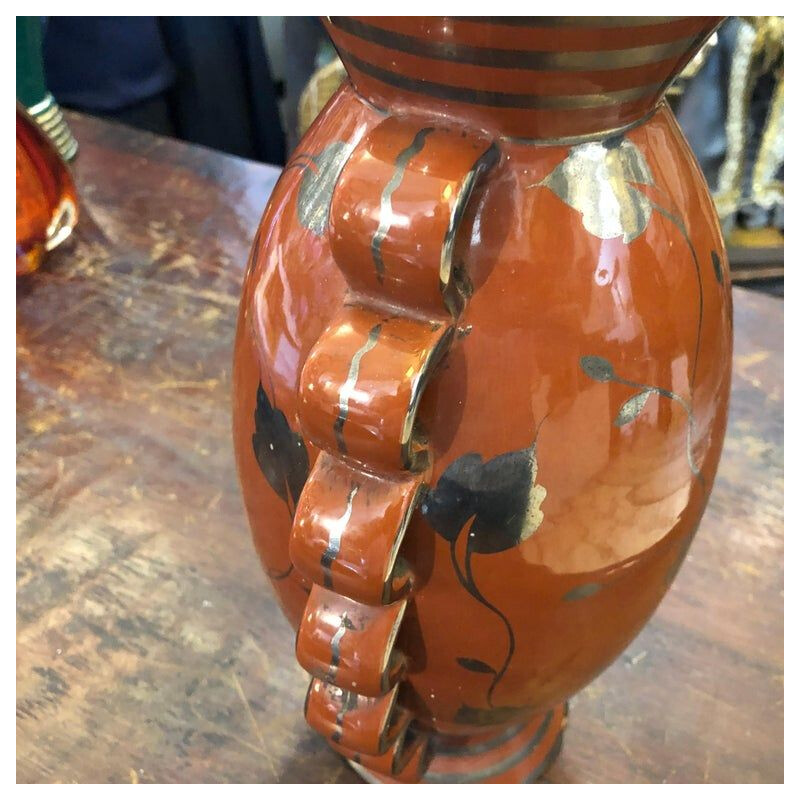 Vase italien vintage en céramique Art Déco marron et argent,1930