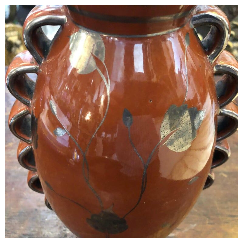 Vintage Art Deco Brown and Silver Ceramic Italian Vase,1930