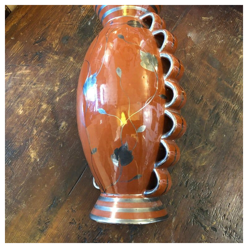 Vase italien vintage en céramique Art Déco marron et argent,1930