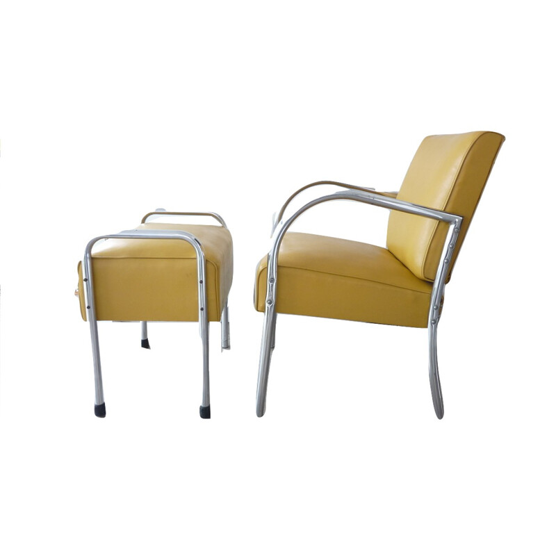 Fauteuil vintage et son ottoman en chrome et skaï jaune - 1970