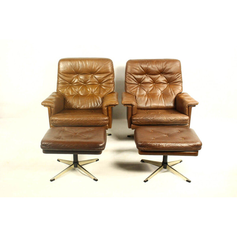 Vintage leather swivel armchair with ottoman,1970