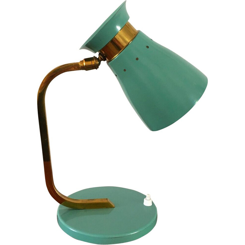Lampe vintage en métal laqué vert et laiton des années 50