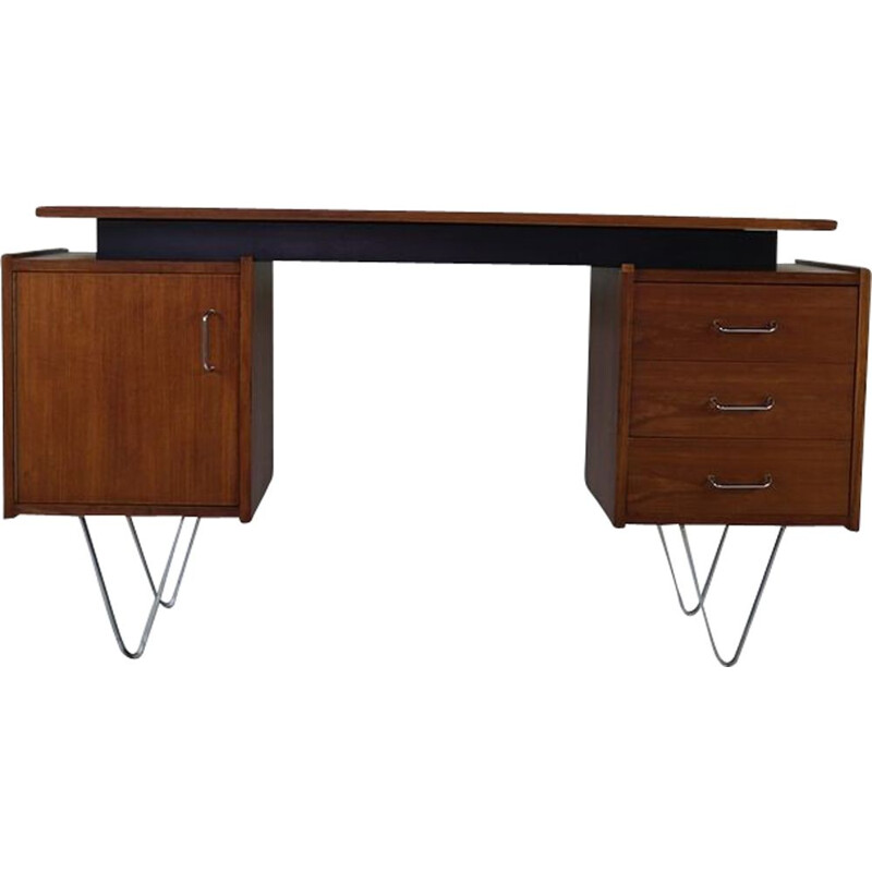 Vintage desk in teak with steel hairpin legs Dutch