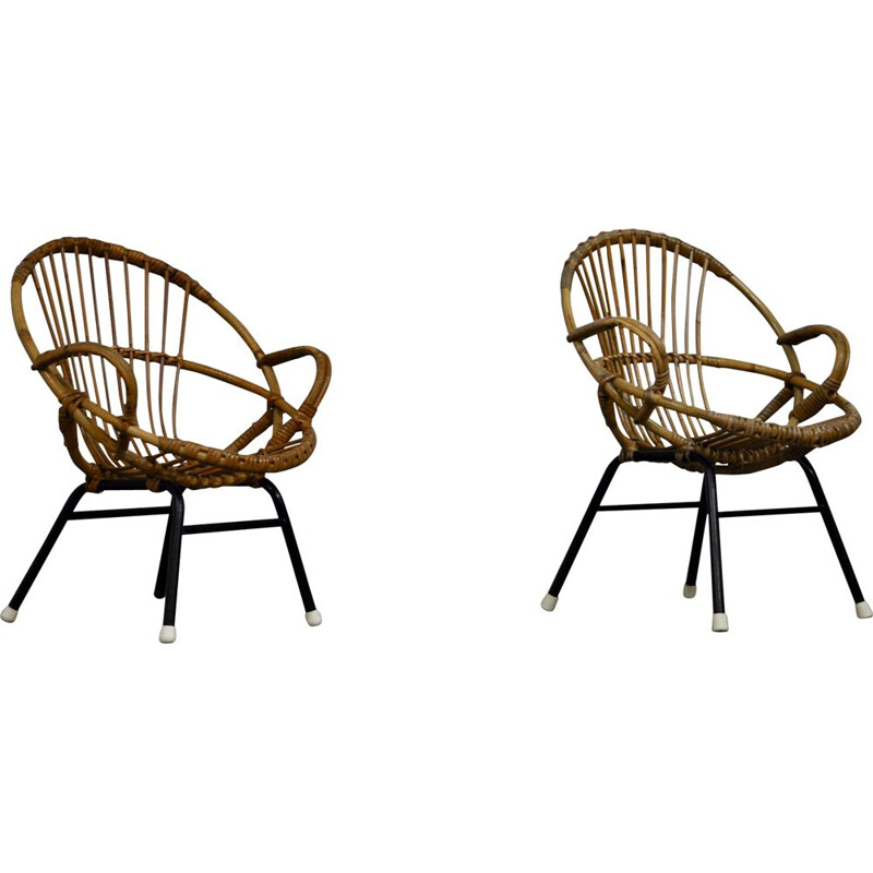 Pair of vintage armchairs for children in rattan by Rohe Noordwolde, 1960s