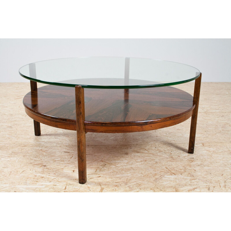 Table basse ronde en palissandre avec plateau en verre