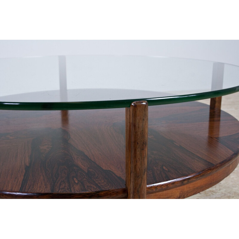 Table basse ronde en palissandre avec plateau en verre