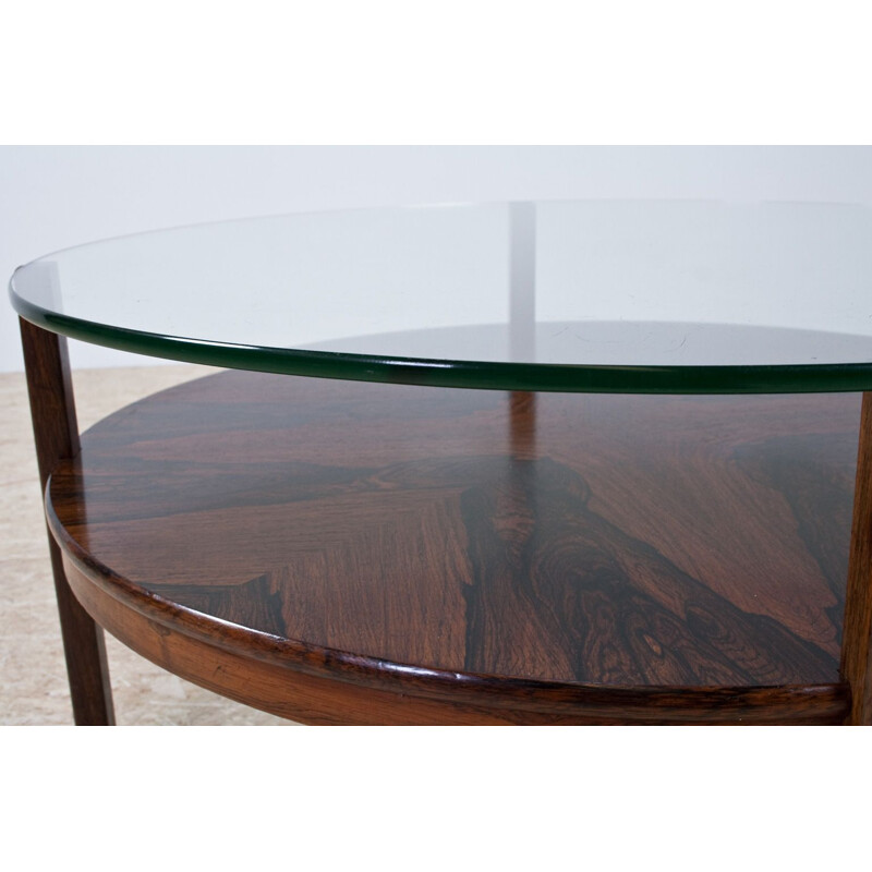 Table basse ronde en palissandre avec plateau en verre