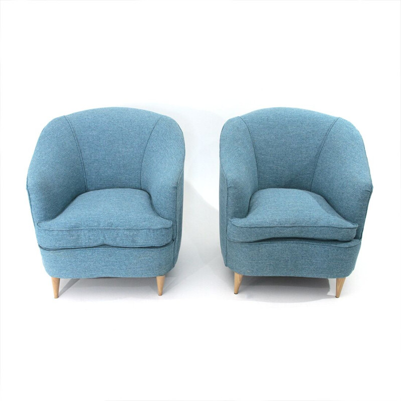 Pareja de sillones vintage de tela azul, Italia 1950