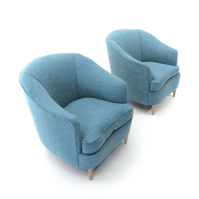 Paar vintage fauteuils in blauwe stof, Italië 1950