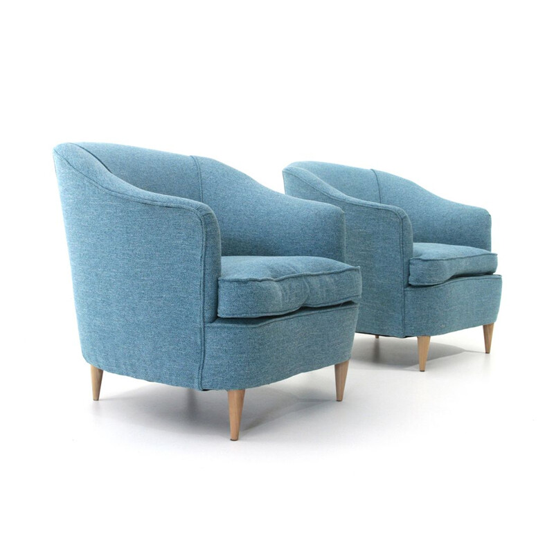 Pair of vintage armchairs in blue fabric, Italy 1950