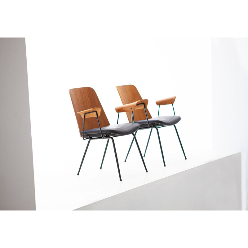 Pair of vintage Italian armchairs in teak and leather by Carlo Ratti