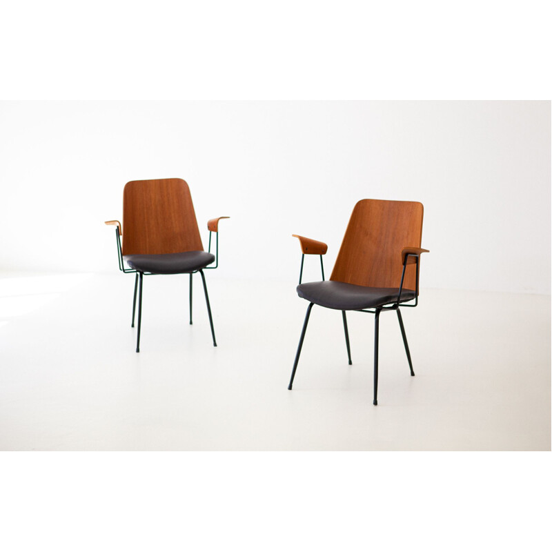 Pair of vintage Italian armchairs in teak and leather by Carlo Ratti