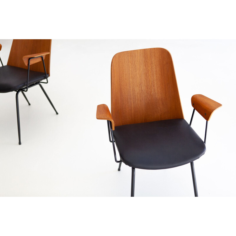 Pair of vintage Italian armchairs in teak and leather by Carlo Ratti