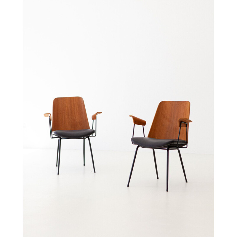 Pair of vintage Italian armchairs in teak and leather by Carlo Ratti