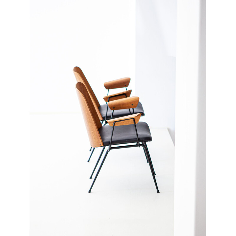 Pair of vintage Italian armchairs in teak and leather by Carlo Ratti