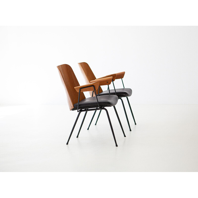 Pair of vintage Italian armchairs in teak and leather by Carlo Ratti