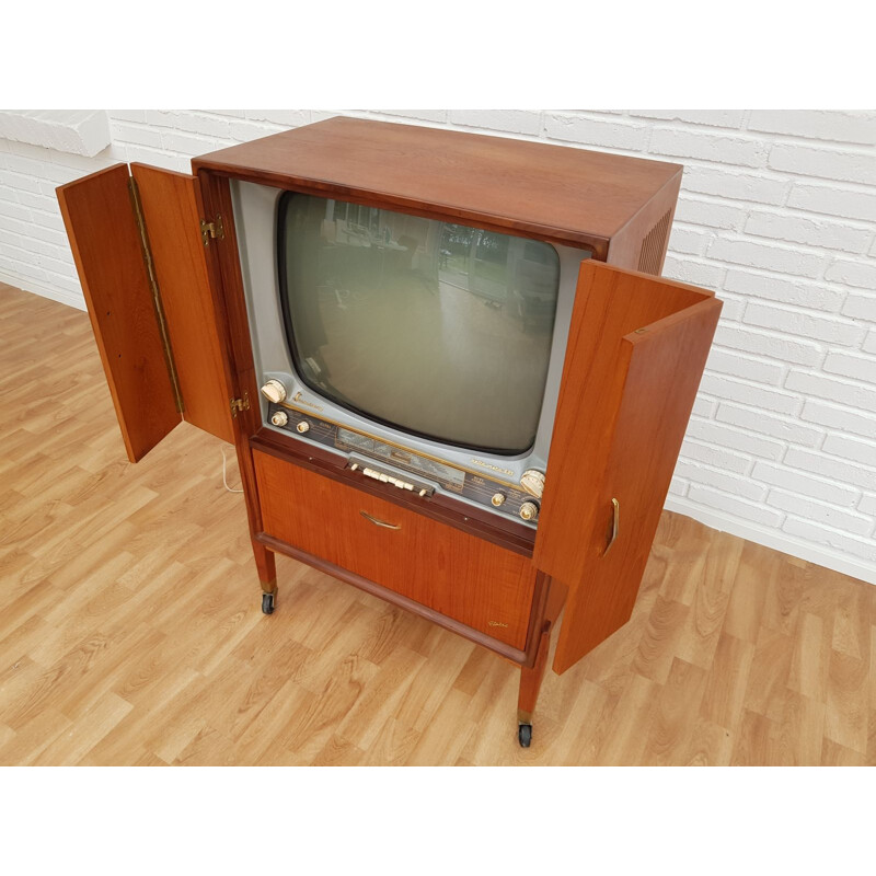 Mueble de TV vintage de teca y latón, Dinamarca