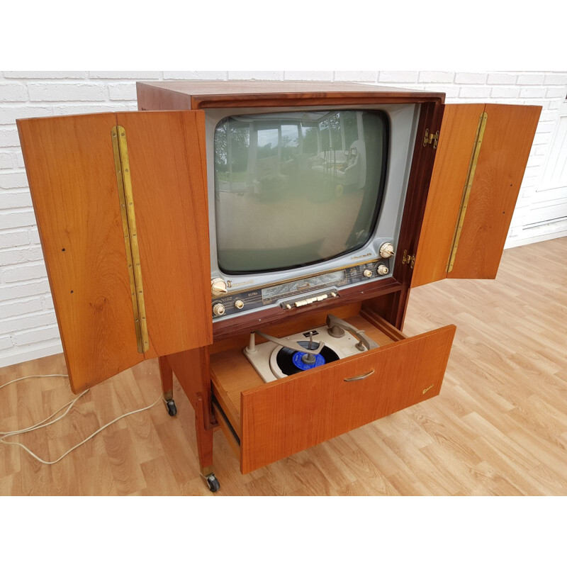 Porta TV vintage in teak e ottone, Danimarca
