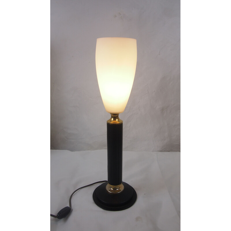 LE TANNEUR vintage lederen lamp opaline