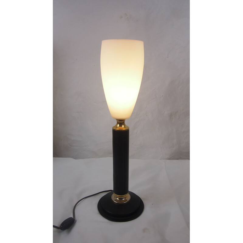 Vintage lamp leather LE TANNEUR opaline