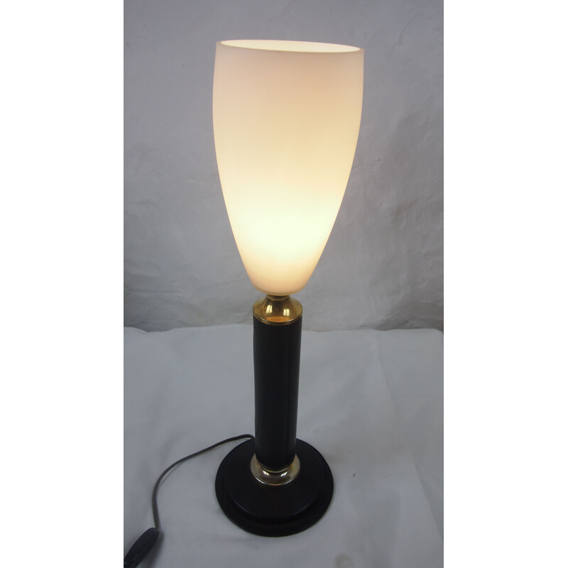 Vintage lamp leather LE TANNEUR opaline