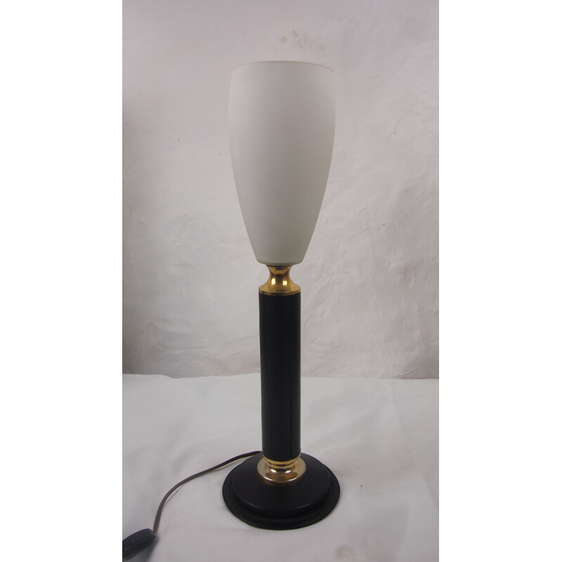 LE TANNEUR vintage lederen lamp opaline