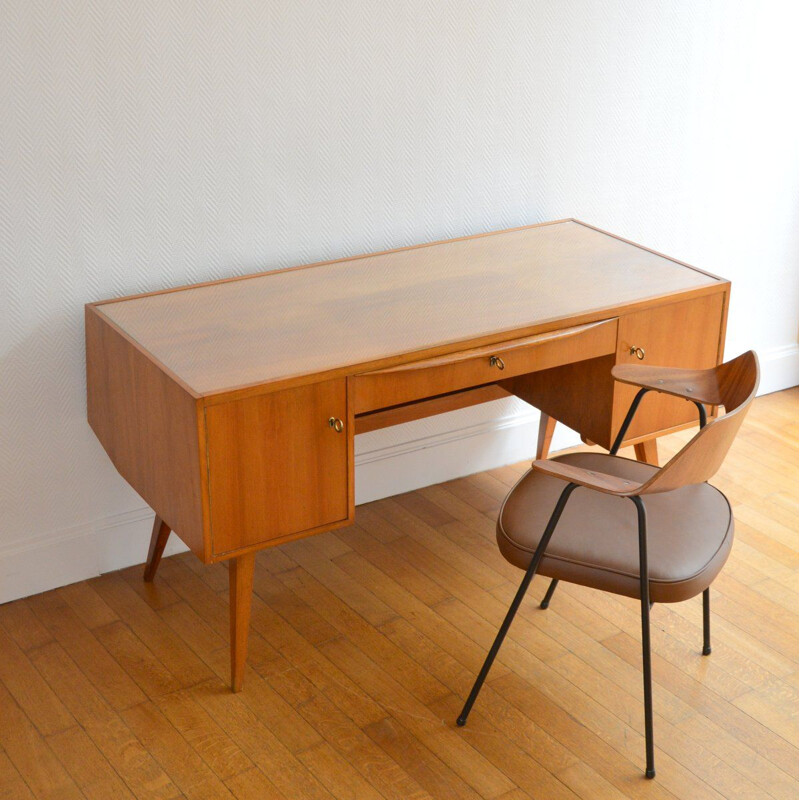 Grand bureau vintage scandinave pieds compas en teck