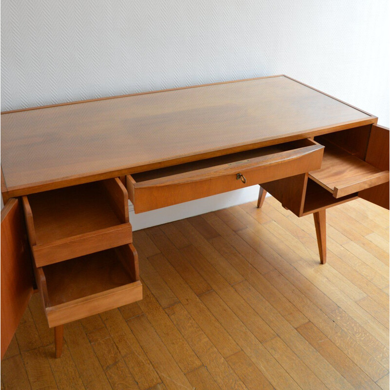 Grand bureau vintage scandinave pieds compas en teck