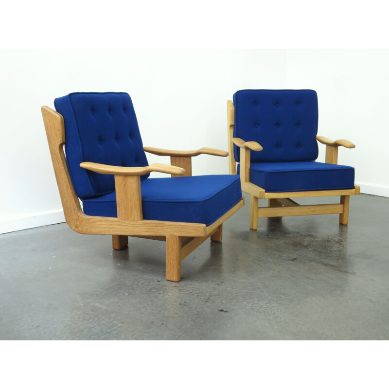 Pair of oakwood and blue fabric armchairs, Robert GUILLERME & Jacques CHAMBRON - 1960s