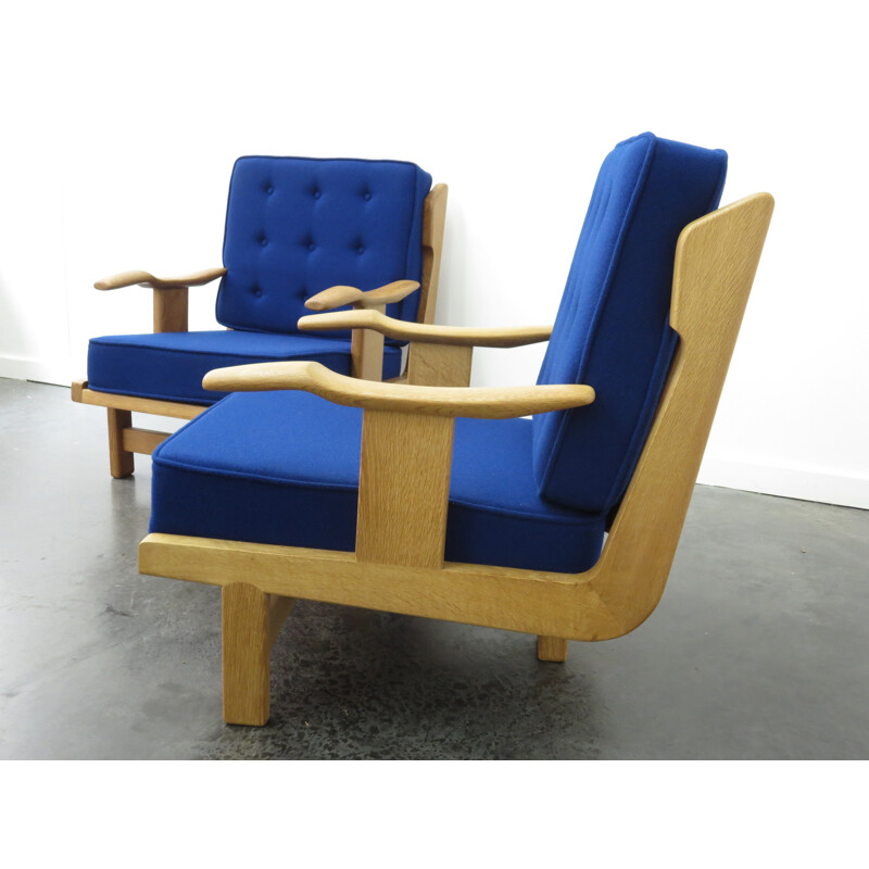 Pair of oakwood and blue fabric armchairs, Robert GUILLERME & Jacques CHAMBRON - 1960s