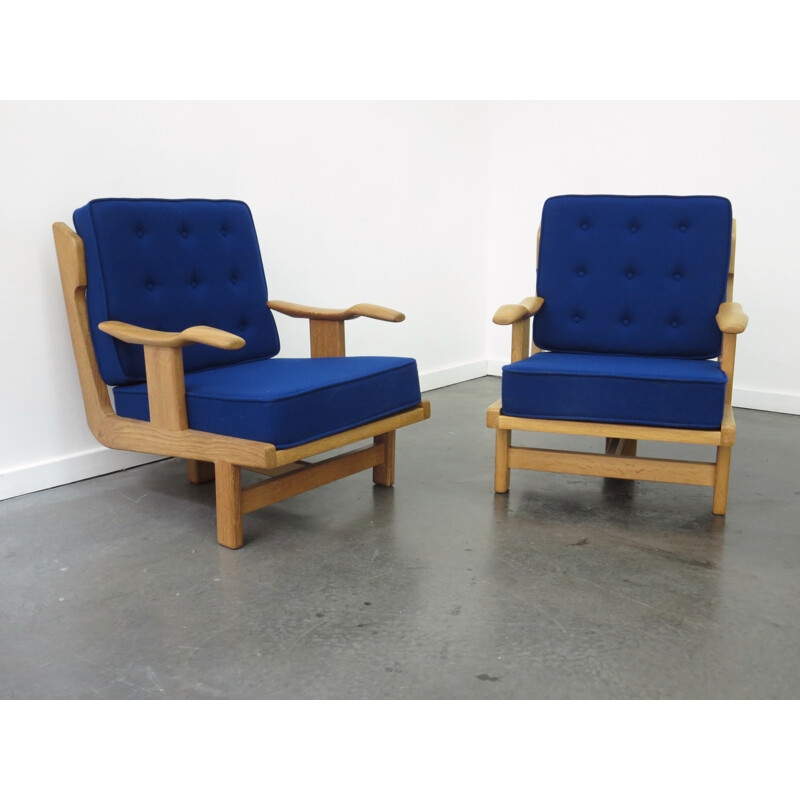 Pair of oakwood and blue fabric armchairs, Robert GUILLERME & Jacques CHAMBRON - 1960s