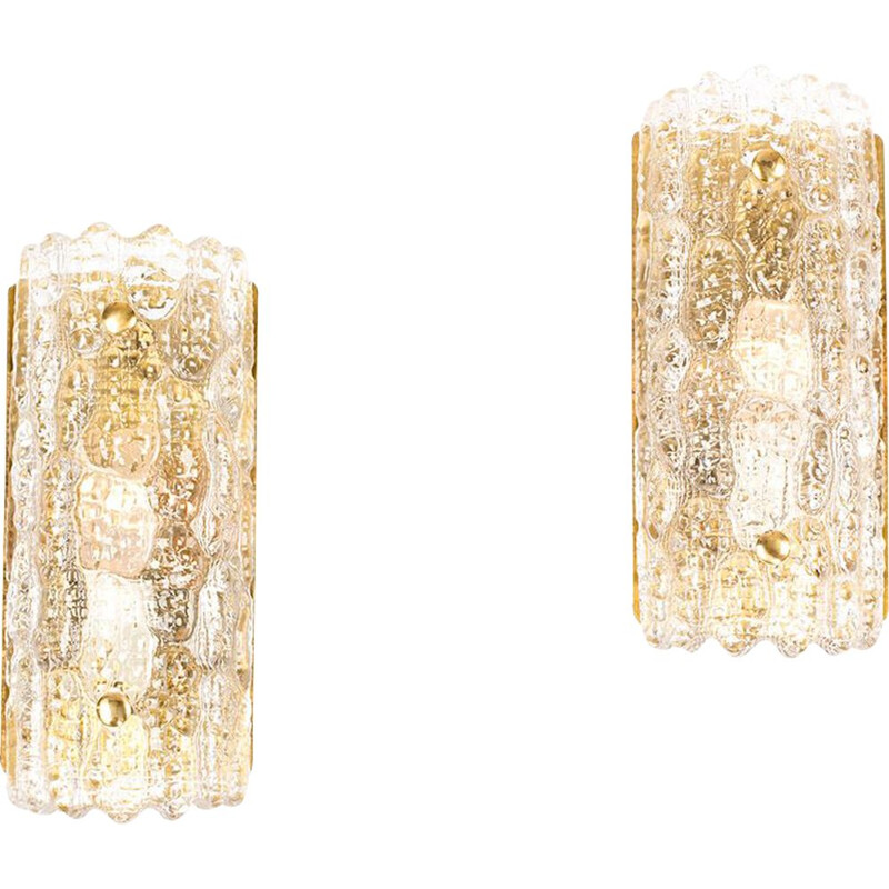 Vintage set of 2 glass and brass wall lamps by Carl Fagerlund Orrefors
