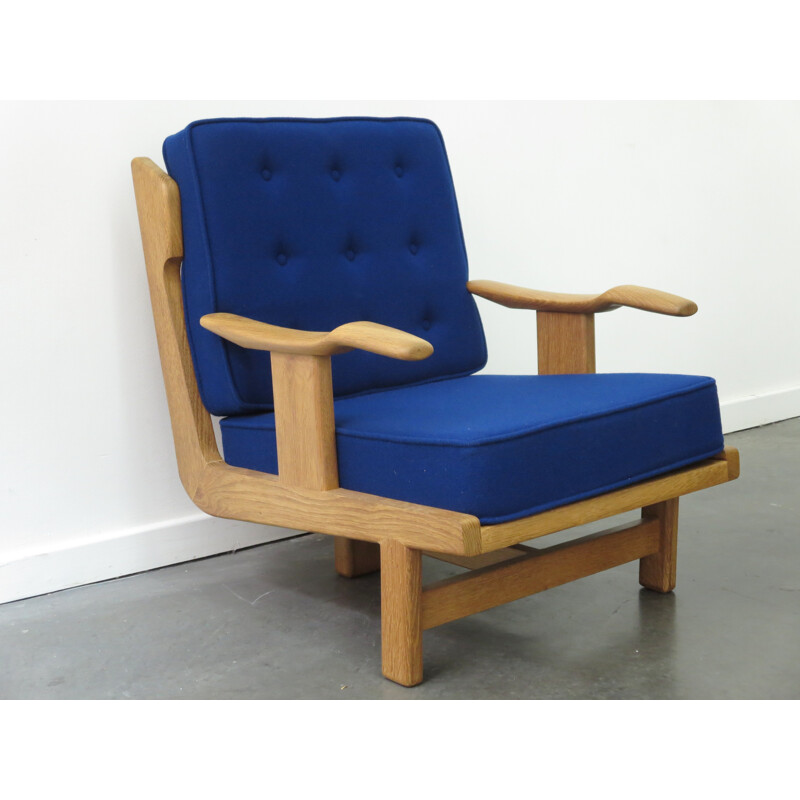 Pair of oakwood and blue fabric armchairs, Robert GUILLERME & Jacques CHAMBRON - 1960s