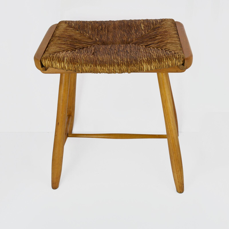 Vintage rustic stool with seagrass seat