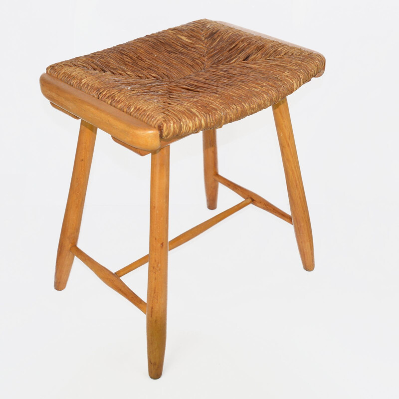 Vintage rustic stool with seagrass seat