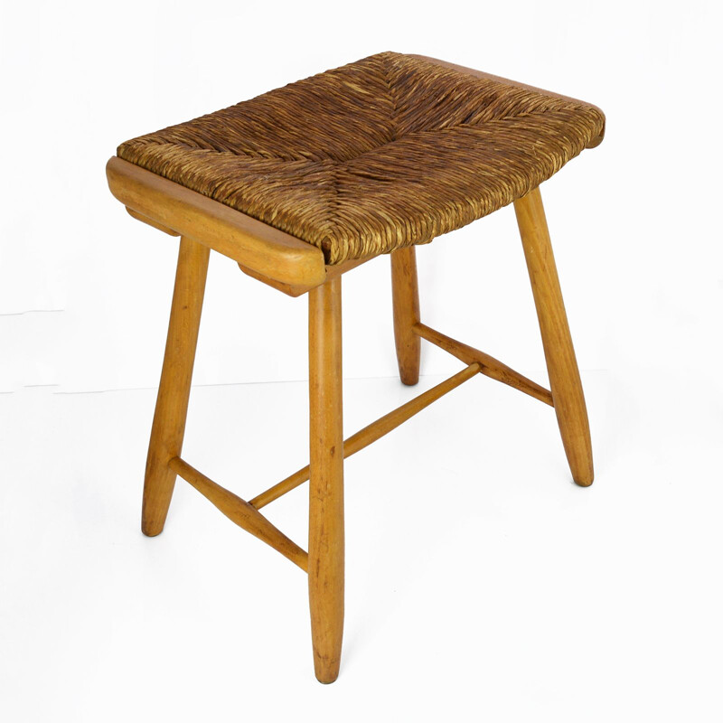 Vintage rustic stool with seagrass seat