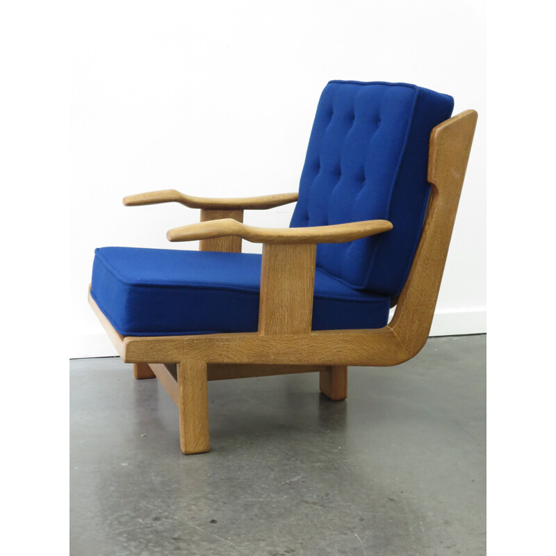 Pair of oakwood and blue fabric armchairs, Robert GUILLERME & Jacques CHAMBRON - 1960s