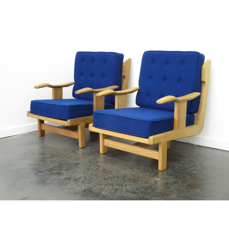 Paire de fauteuils en chêne et tissu bleu, Robert GUILLERME & Jacques CHAMBRON - 1960